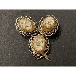 Vintage Floral Filigree White Stone Under Resin Brooch